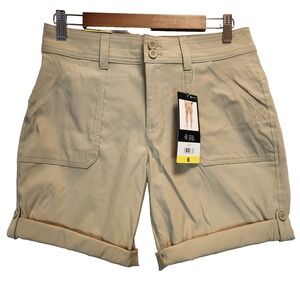 Eddie Bauer Women`s Size 6 Bermuda Cargo Rolled Hem Shorts Brown Stretch UPF 50